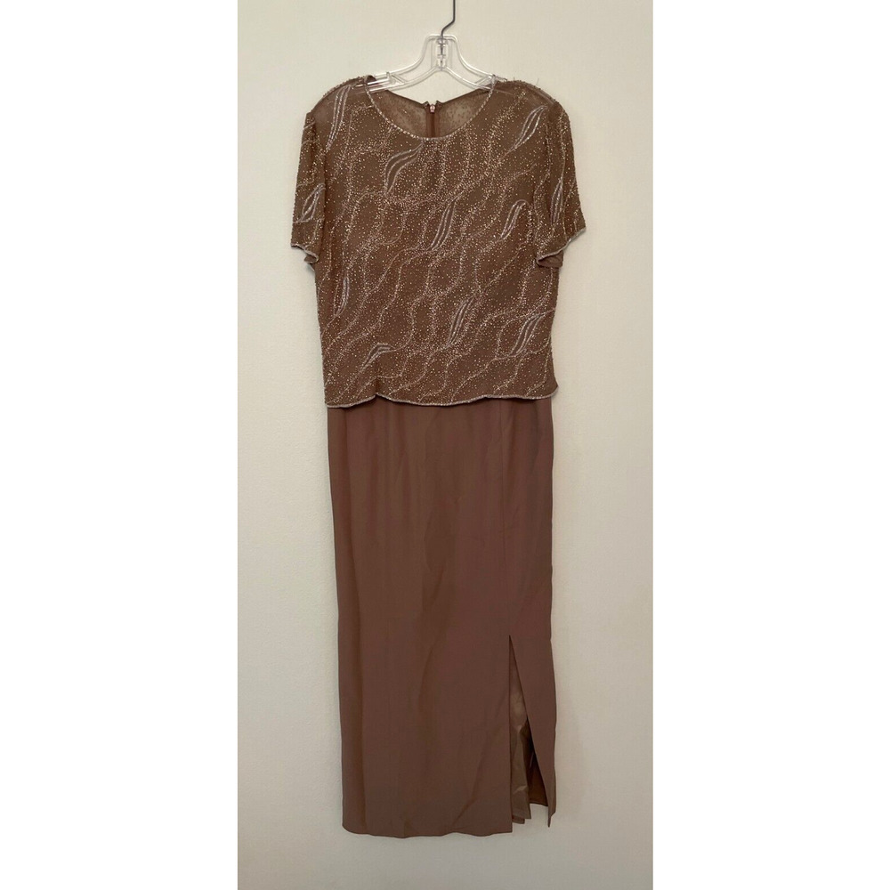 La Belle Fashions Evening Long Dress Womens 14 Brown Beaded Slit Silk? Vintage